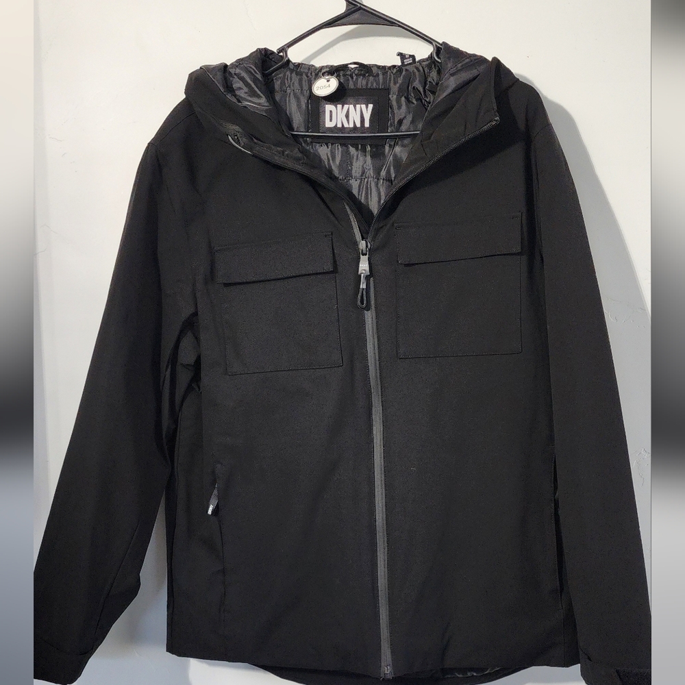 DKNY Black Hooded Raincoat with Front Flap Pockets